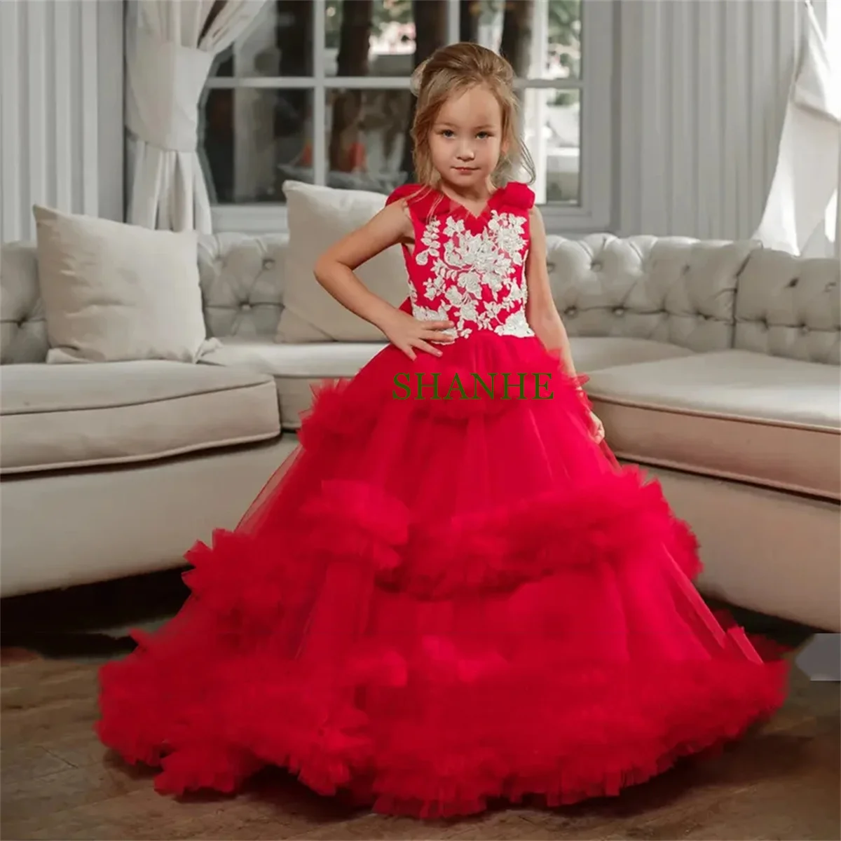 

CustomizedLuxury Red Tulle Ruffles Puffy V-Link Flower Girl Dress For Wedding 2023 Princess Ball Gown Lace Appliques First Commu