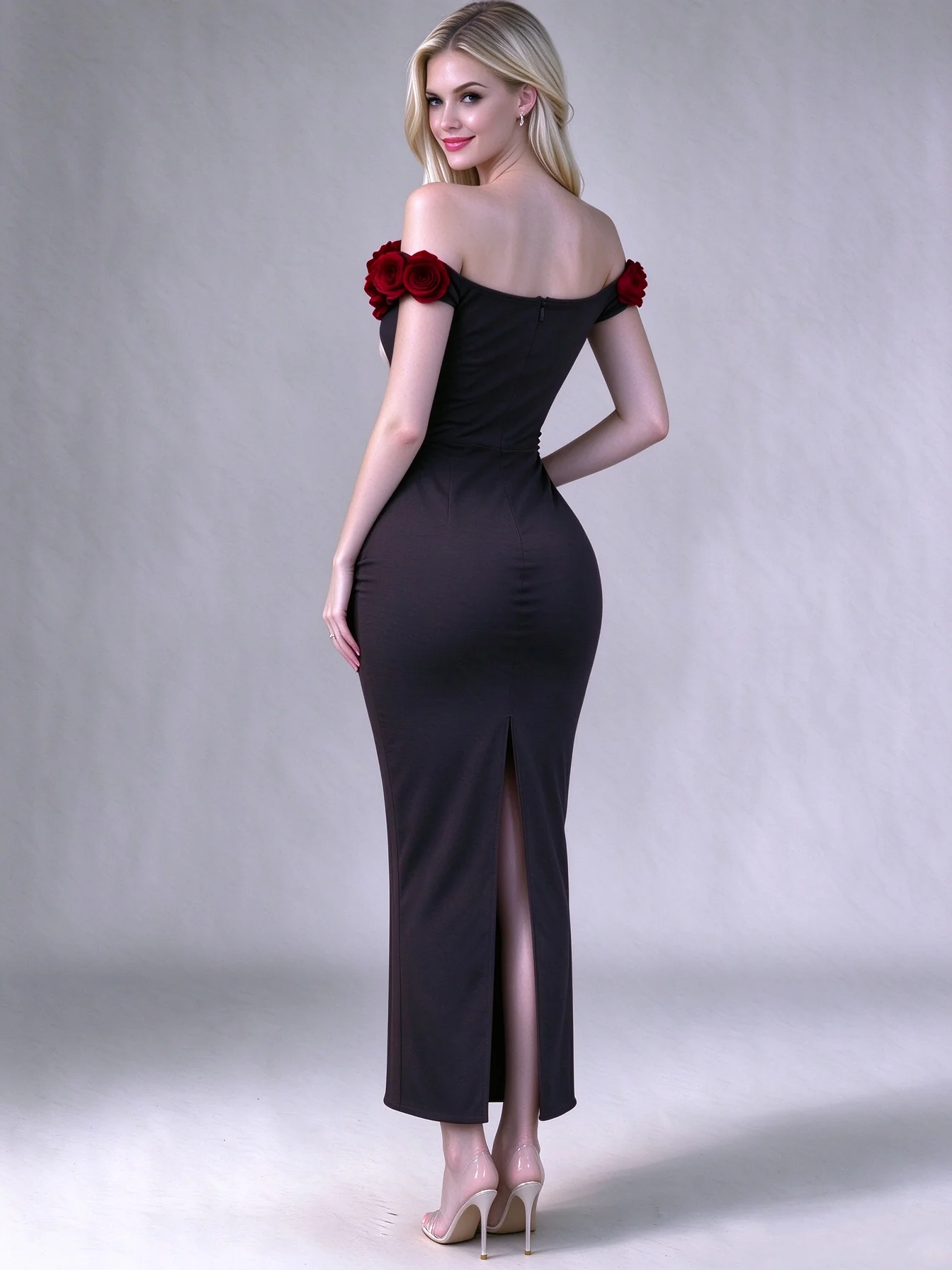 Elegant Red Rose Embroidered Long One-Shoulder Wrap Dress with Side Slit for Evening Gown European Style Slim Fit Party Dress