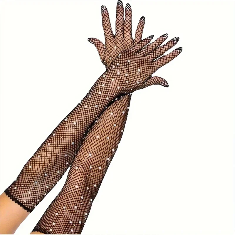 Sexy Elastic Rhinestones Mesh Gloves Fishing Net Arm Sleeve Women Diamond Full Finger Thin Long Gloves Club Music Party Clothing