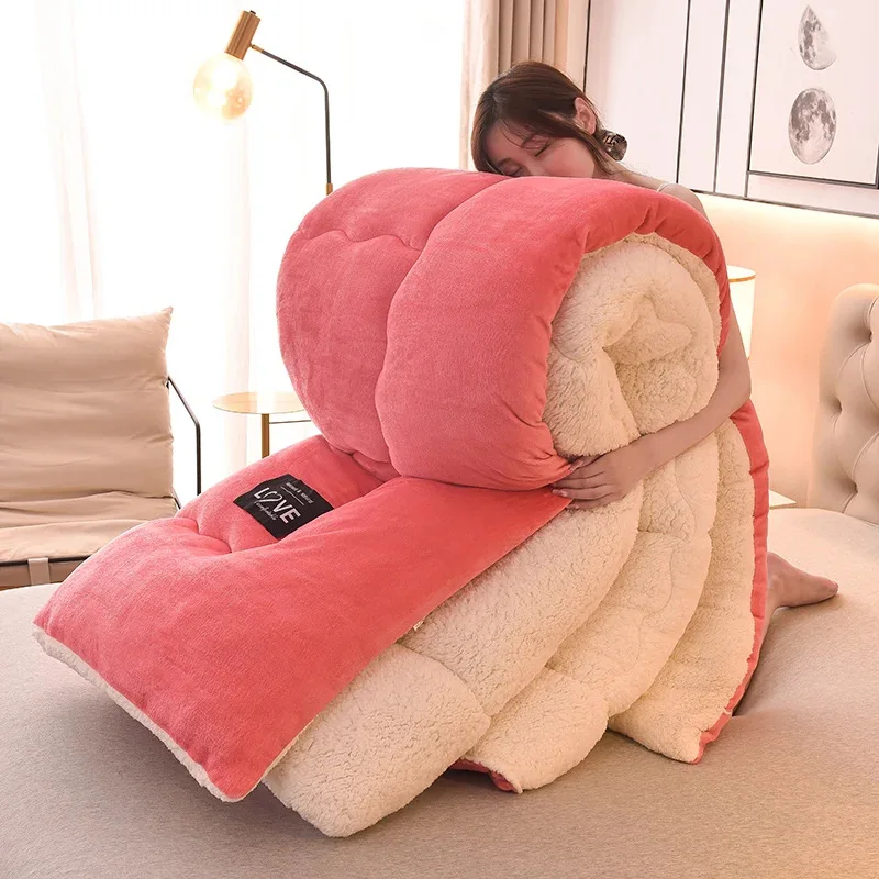 

Hot Selling Thickened Winter Milk Fleece Quilt Lamb Fleece Warm Comforter for Single Double Bed Student Warmth Bedding