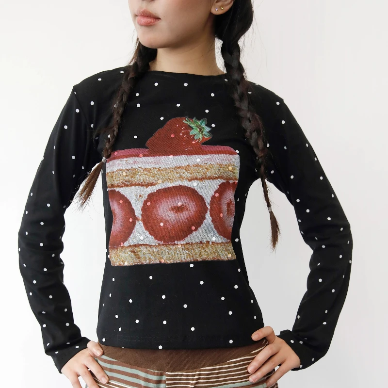 خريف جديد كعكة الفاكهة البولكا نقطة طباعة المرأة قاع قميص التصميم الياباني لطيف الحلو تنوعا طويلة الأكمام تي شيرت السيدات #2