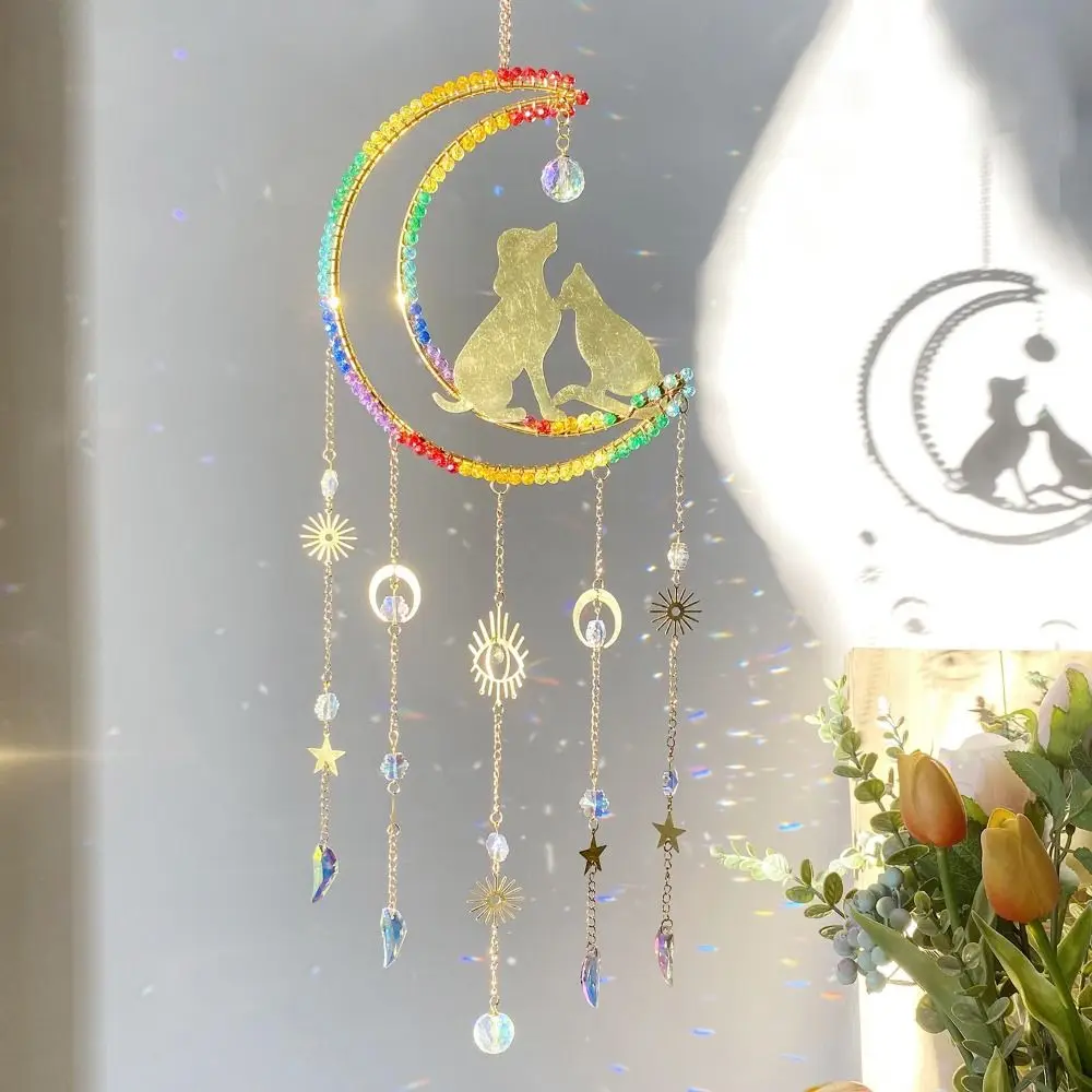 Cat and Dog Moon Crystal Rainbow Suncatcher Hanging Xmas Hanging Ornaments Colorful Wind Chimes Crystals Stone Sun Catcher