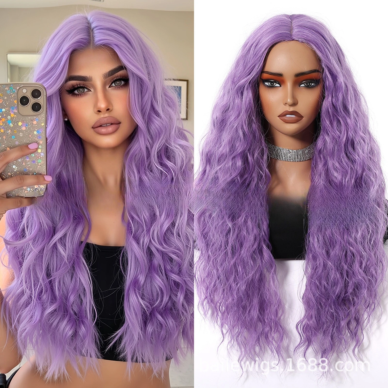 

Hot-selling wig purple medium small curl long curly hair full head cover chemical fiber women's hair Europe and America
