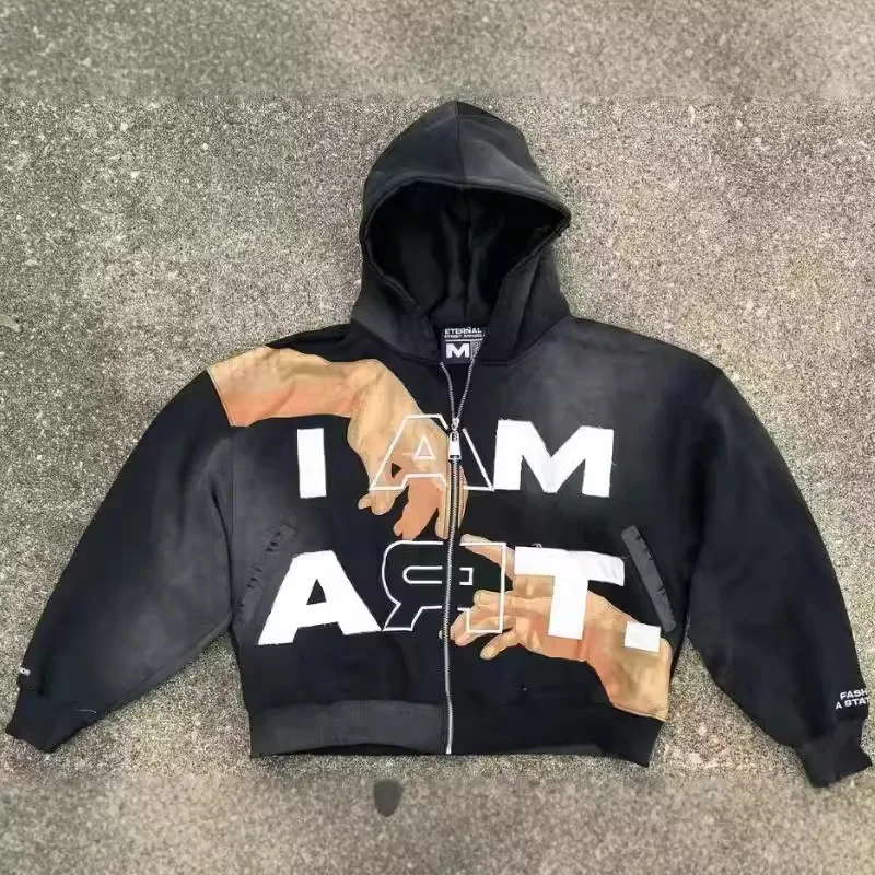 

Hip-hop Trendy Streetwear Y2K Harajuku American Retro Letter Print Zipper Hoodie Men's Punk Casual Colorful Oversized Sweatshirt