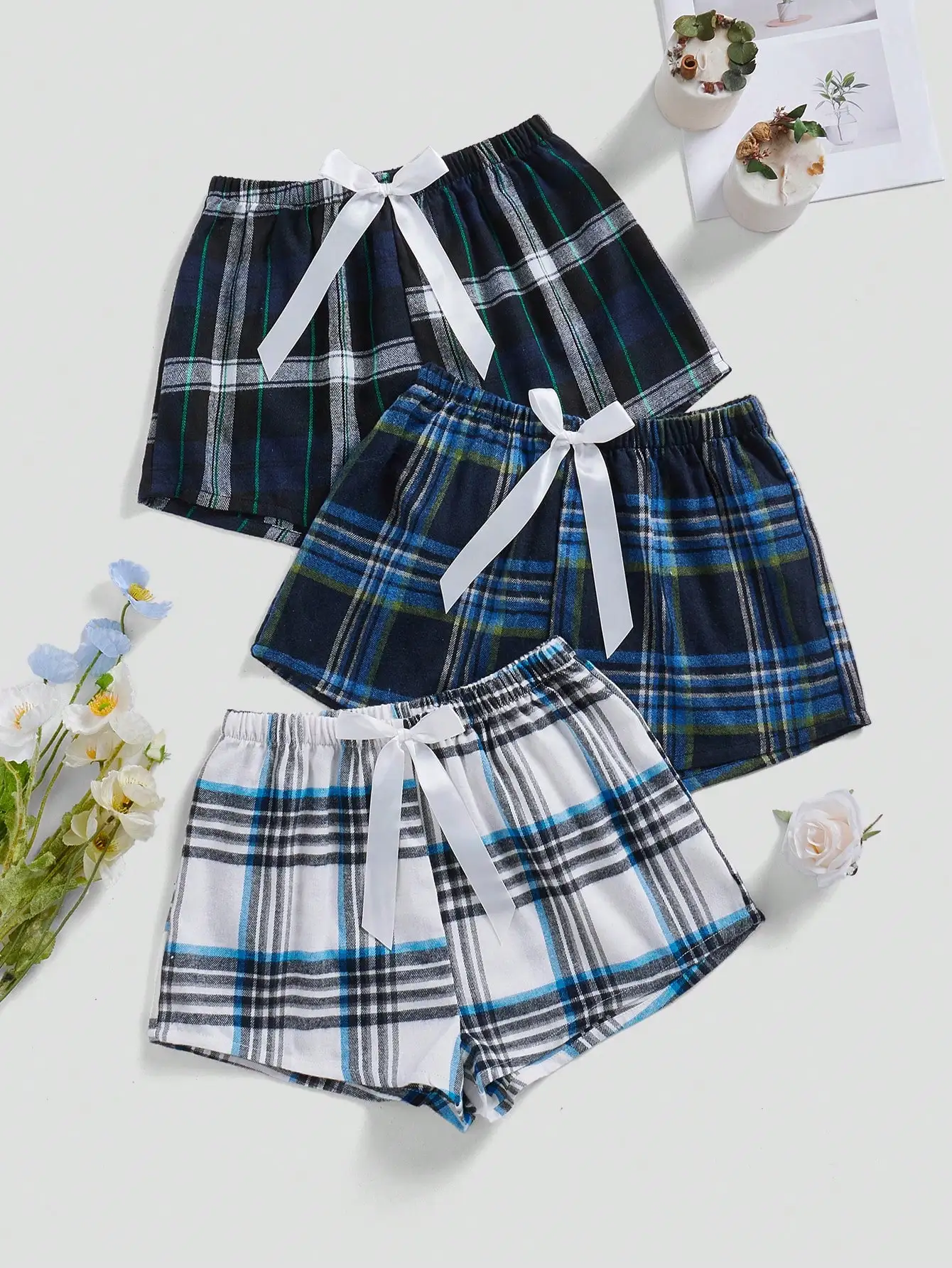 

3-Pack Women's Plaid Sleep Shorts with Satin Bow Waistband