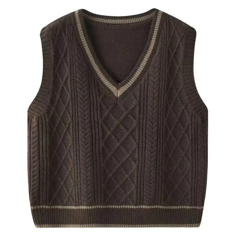 2024 Autumn Good Quality Womens Plus Size Sweater Vest Casual Clothing V-Neck Preppy Style Contrast Color Knitted Jumpers