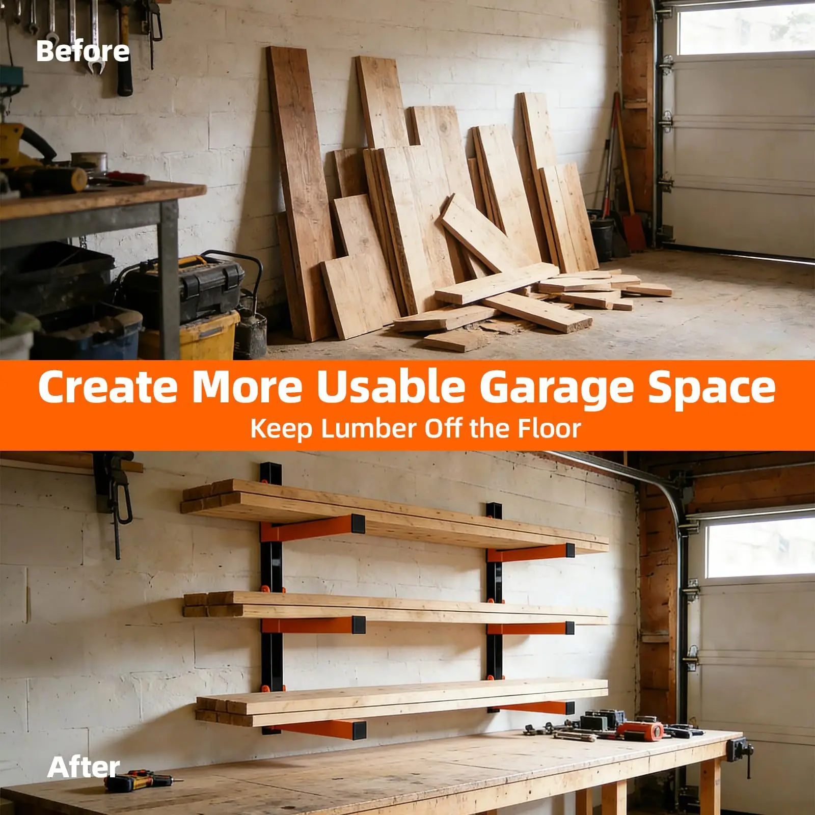 Wall Mount Wood Organizer and Lumber Storage Rack with 3-Level Garage Metal Wood Storage Rack for Indoor Outdoor Use