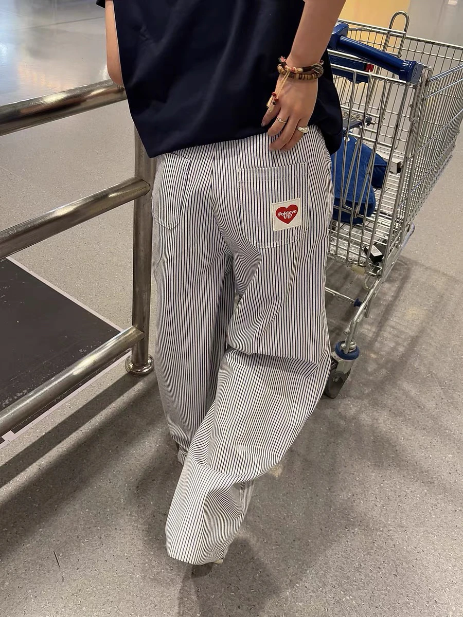 

Retro American Embroidered Stripe Pants Men Women Casual Straight Leg Drapey Design All Seasons Couple's Loose Fit Summer