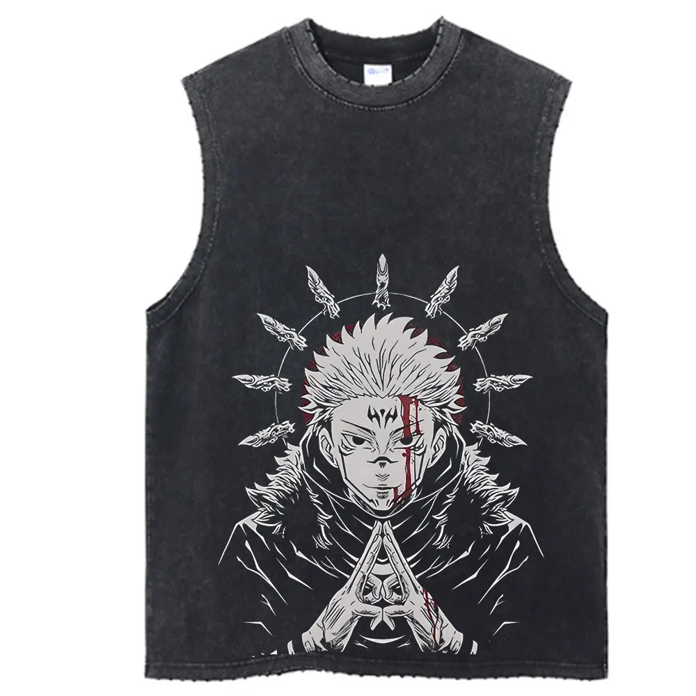 Vintage Cotton Black Summer Wash Vest Anime Print Washed Tank Top Harajuku Hip Hop Streetwear Unisex Tops