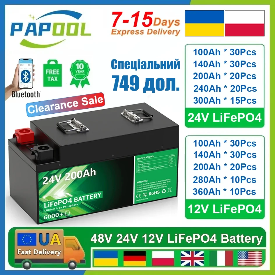 LiFePO4 24V 100Ah 200Ah 240Ah 300Ah 12V 140Ah Bluetooth BMS 6000+ cykli Akumulator litowy PL EU Stock 7-15 dni Szybka wysyłka