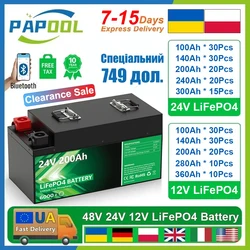 LiFePO4 24 В 100 Ач 200 Ач 240 Ач 300 Ач 12 В 140 Ач Bluetooth BMS 6000+ циклов литиевый аккумулятор PL EU Stock 7-15 дней Быстрая доставка