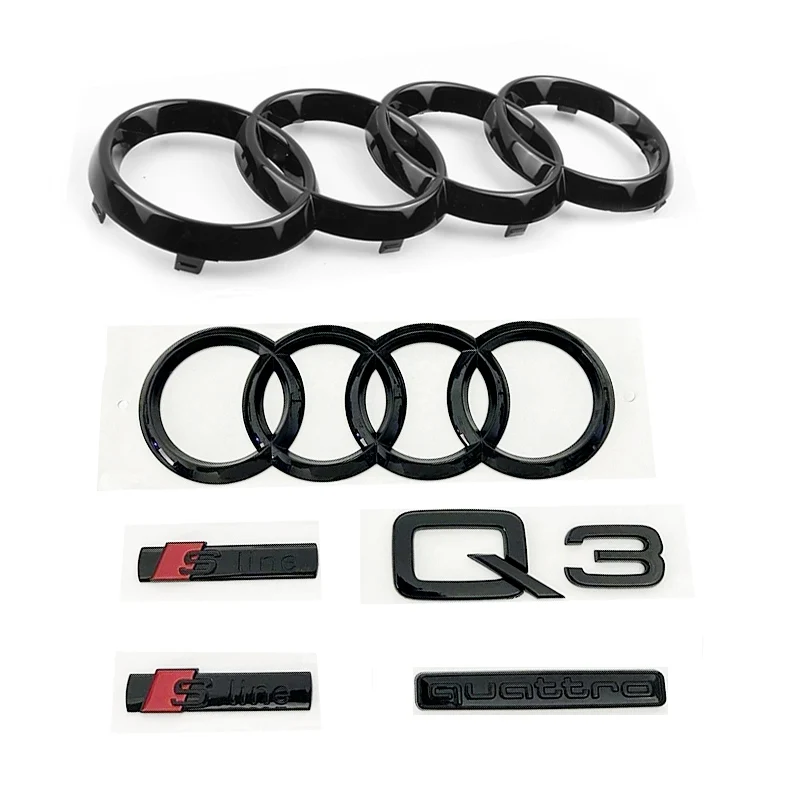 

4Ring Logo ABS Black Car Hood Front Grille Emblem Rear Trunk Badge Sticker for AUDI Q3 2013-2022 Sline Quarrto Side Decoration