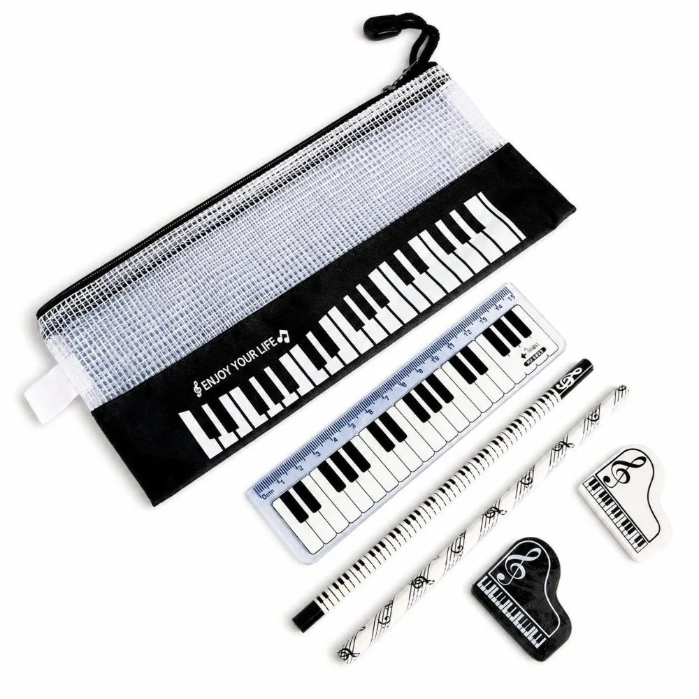 6Pcs 6-Piece Set Music Stationery Set Pencil Bag Ruler Pencil Eraser Piano Pen Case Bill Organizer Note Pouch Music Theme