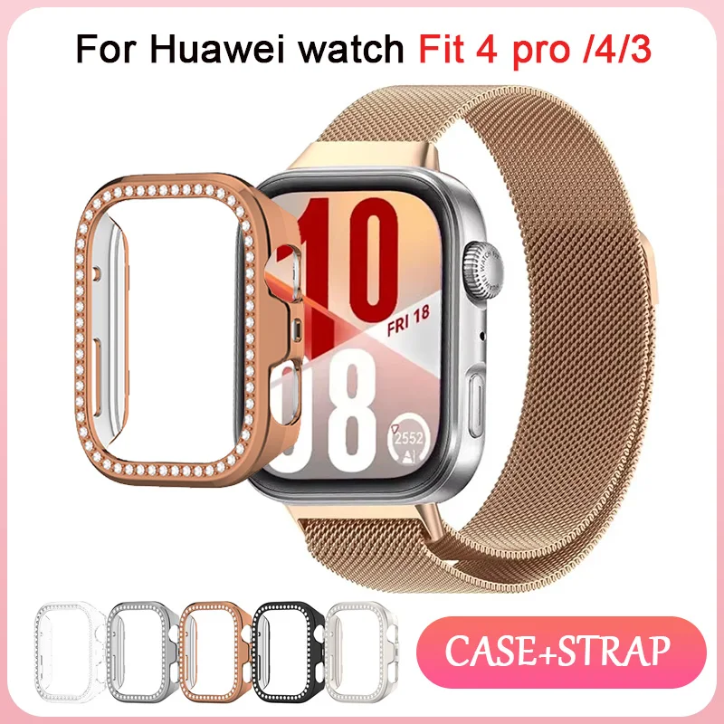 Diamant-Gehäuse + Armband für Huawei Watch Fit 4 Pro, Zubehör, Rundum-Hohl-PC-Schutz-Stoßstangenrahmen für Huawei Watch Fit 4 3