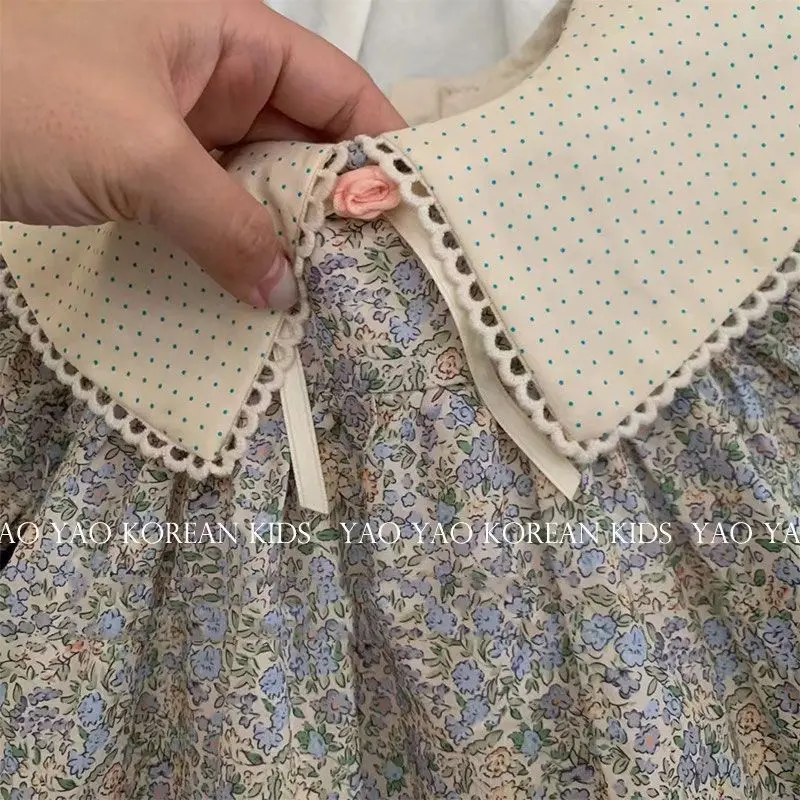 Baby Girls Dress Fashion Loose Floral Peter Pan Collar Sweet 2024 Autumn New Korean Style Childrens Dress