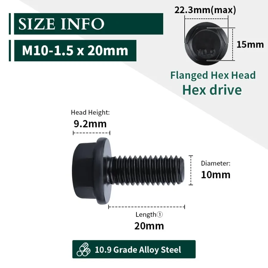 Viti per bulloni esagonali flangiati M101.5 x 20mm Bulloni flangiati esagonali in acciaio legato di grado 10.9 per macchine automobilistiche Finitura all'ossido nero