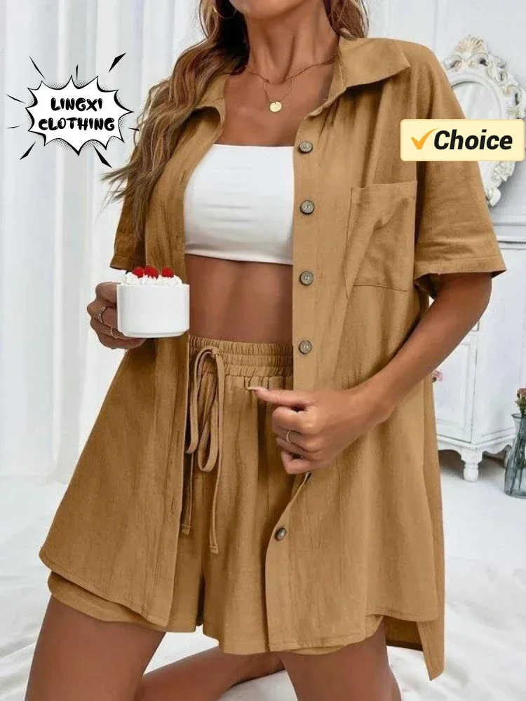 2025 여름 패션 스포츠 캐주얼 코튼 린넨 투피스 세트 여성용 싱글 브레스티드 셔츠 밴딩 반바지 투피스 세트