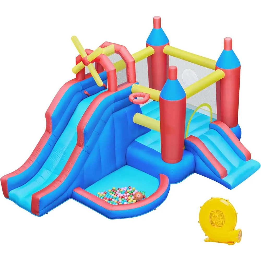 

Inflatable Bounce House, 7-in-1 Bouncy Castle Combo w/Ball Pit & Bouncing Area & Slides Basketball Game & Dart Game