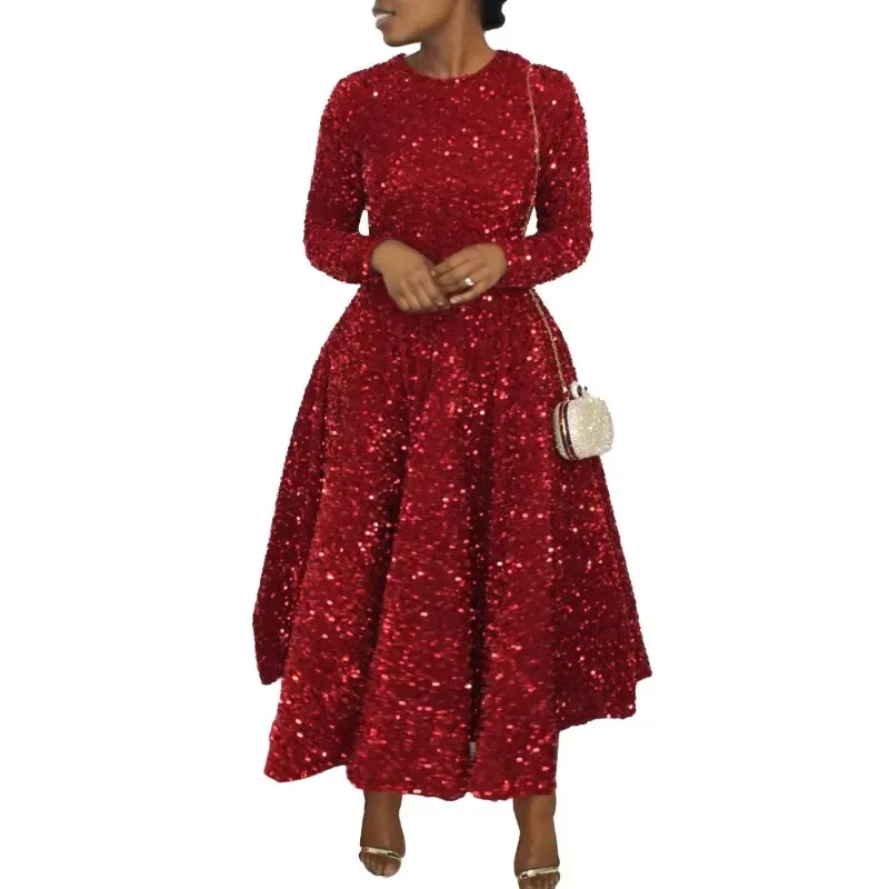 

African Wedding Party Dresses for Women Autumn Elegant African Long Sleeve O-neck Sequin Long Maxi Dress Dashiki Africa Clothing