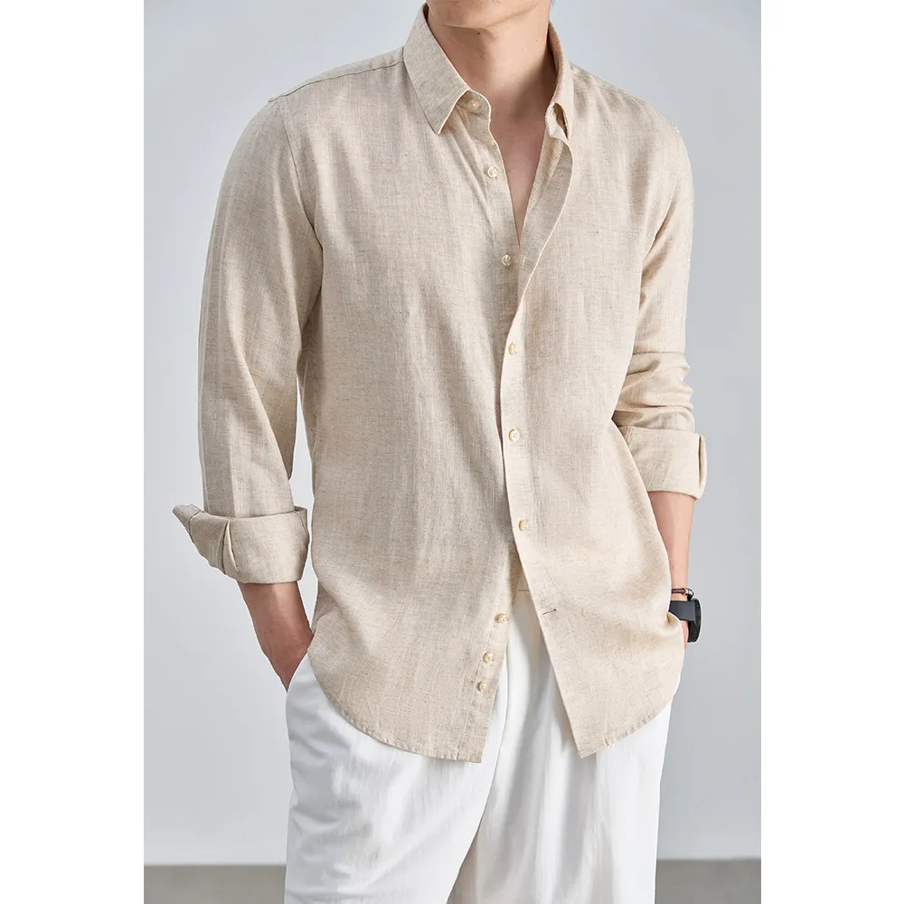 

Men's 30% LinenBlend Long Sleeve Shirt French Import Fabric Old Money Style Casual Business Summer Top