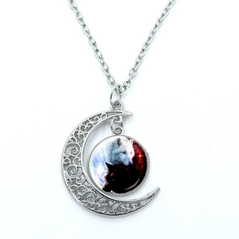 Wolf Howling Cartoon Crescent Moon Necklace Dome Girls Chain Pendant Jewelry Glass Demo Charm Boy Women Gifts