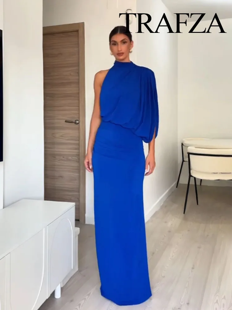 

TRAFZA Women's New Fashion Dresses Blue Half-High Collar Sleeveless Backless Zipper Female Summer Elegant Slim Long Dress