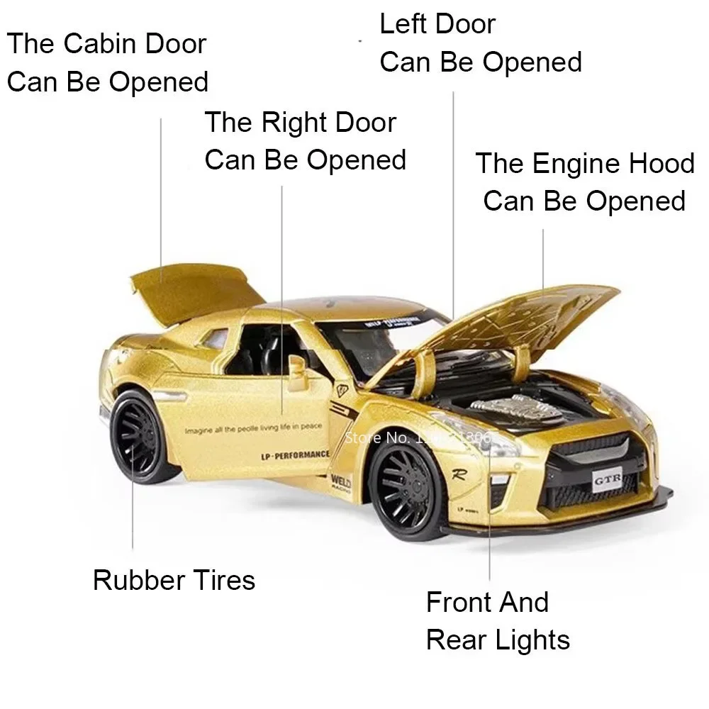 1:32 نيسان GTR ألعاب سبيكة دييكاست نماذج سيارات مع ضوء الصوت التراجع سباق 4 أبواب مفتوحة سيارة مصغرة الأولاد هدايا مثالية