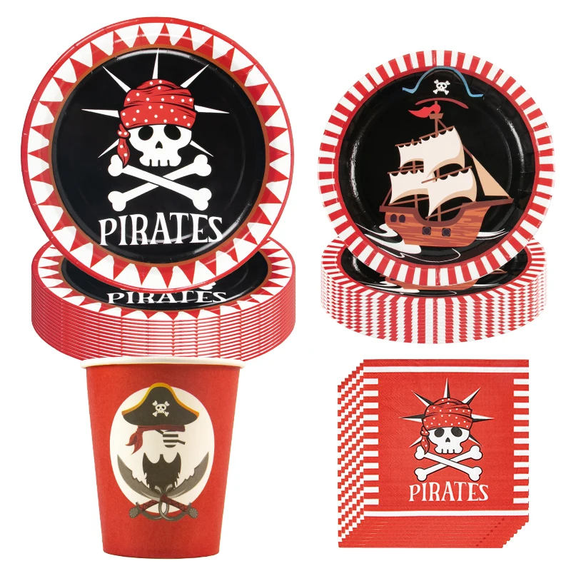 Pirate Theme Party Disposable Tableware Paper Plate Cup Pirate Party Hat Gold Coins Props for Halloween Pirate Birthday Decor