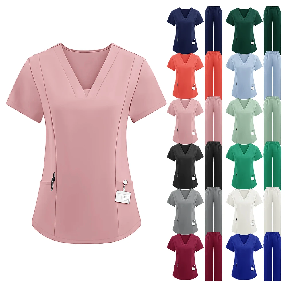 Slim Fit Nurse Medical Uniform High Quality Pet Workwear Set Scrubs Operating Room Surgical Gown Short Sleeve Elastic Pants