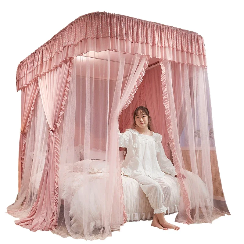 6GA new U-rail mosquito net dust-proof three-door double-layer floor princess wind shading household bold encryption block