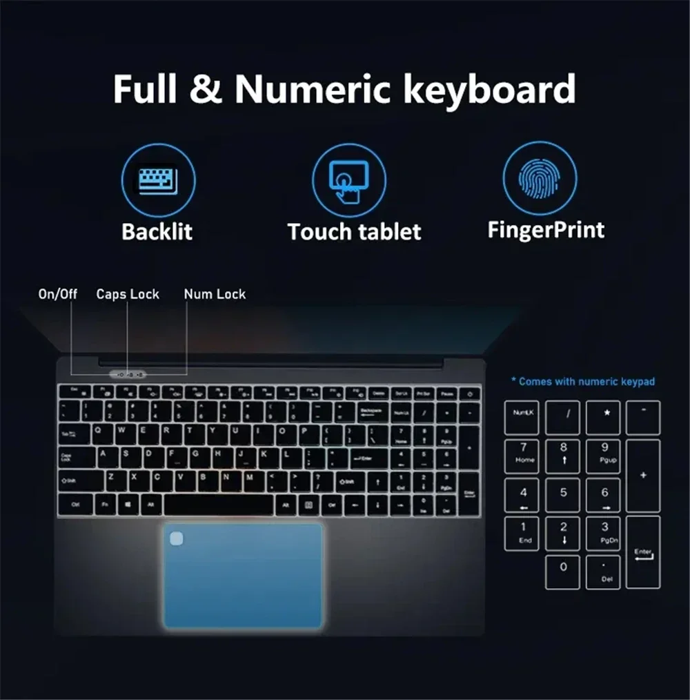 Computador portátil para jogos Intel Windows 11 Pro Office, Desbloqueio de impressão digital, Teclado retroiluminado, N5095, 16 GB, 32GB RAM, 1024GB