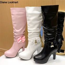 2024 Autumn Winter Zipper Knee High Boots Women Fashion Pink White Stiletto Bow Heel Long Boots Woman Platform Boats Mujer 32-43