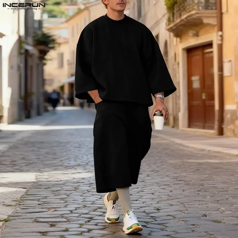 INCERUN Men Sets Solid Color Baggy 3/4 Sleeve Hoodies & Calf-length Pants Two Pieces Sets Streetwear Loose Fashion Men's Suits view 3
