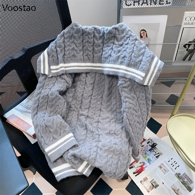 Autumn Winter Preppy Style Knitted Pullover Coat Women Sweet Sailor Collar Bow JK Sweaters Vintage Y2k Warm Jumper Knitwear Tops