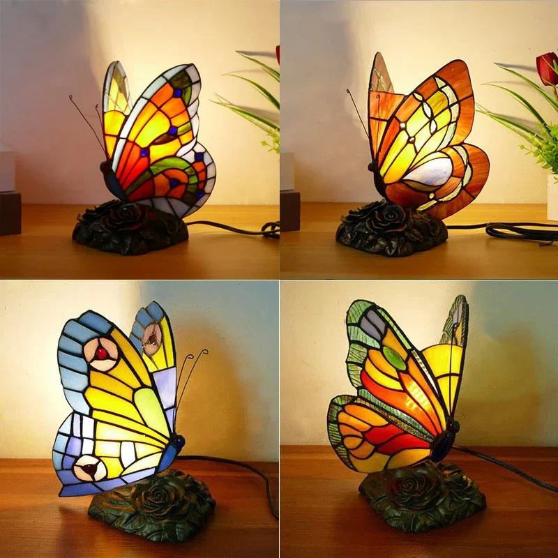 KARLOS Tiffany Butterfly Table Lamp American Retro Living Room Bedroom Lamp Luxurious Villa Hotel Stained Glass Desk Lamp