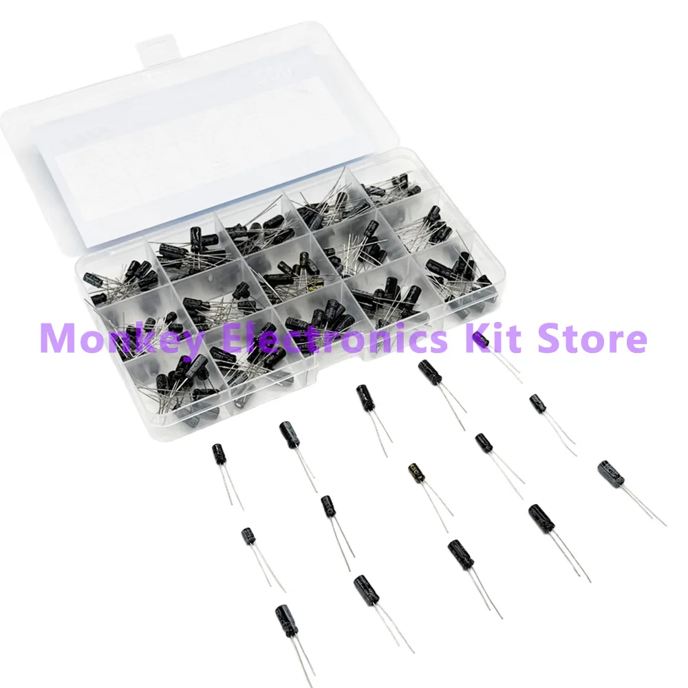 200 unids/lote juego de condensadores radiales 15 valores 10V 16V 25V 50V 0,1 uF-220 uF 0,22 uf 2,2 uf 100 uf Kit surtido de condensadores electrolíticos