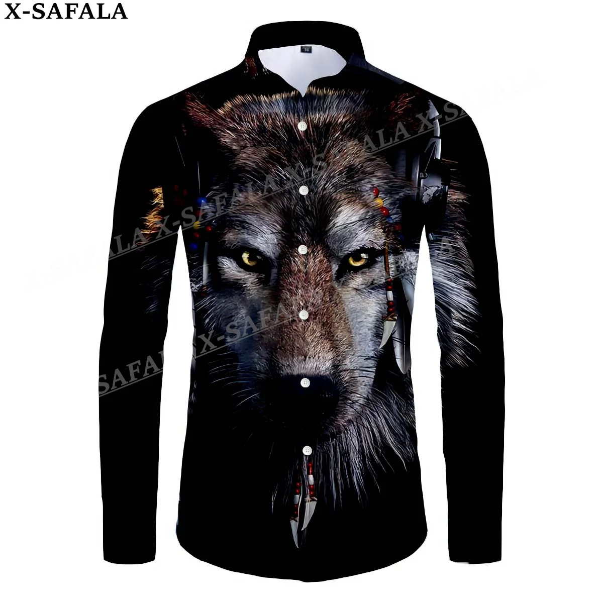 Native Dark  Wolf Moon Dream Catcher 3D Print Men's Luxury Shirt Turn-down Collar Buttoned Up Long Sleeve Tops Hip Hop Tee-8