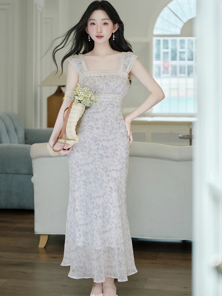 Damen Blumen-Chiffon Patchwork-Spitzenkleid mit Quadratischem Ausschnitt 2026 Elegantes Lässiges Einteiliges Kleid Sommer Koreanisches Bodycon-Kleid
