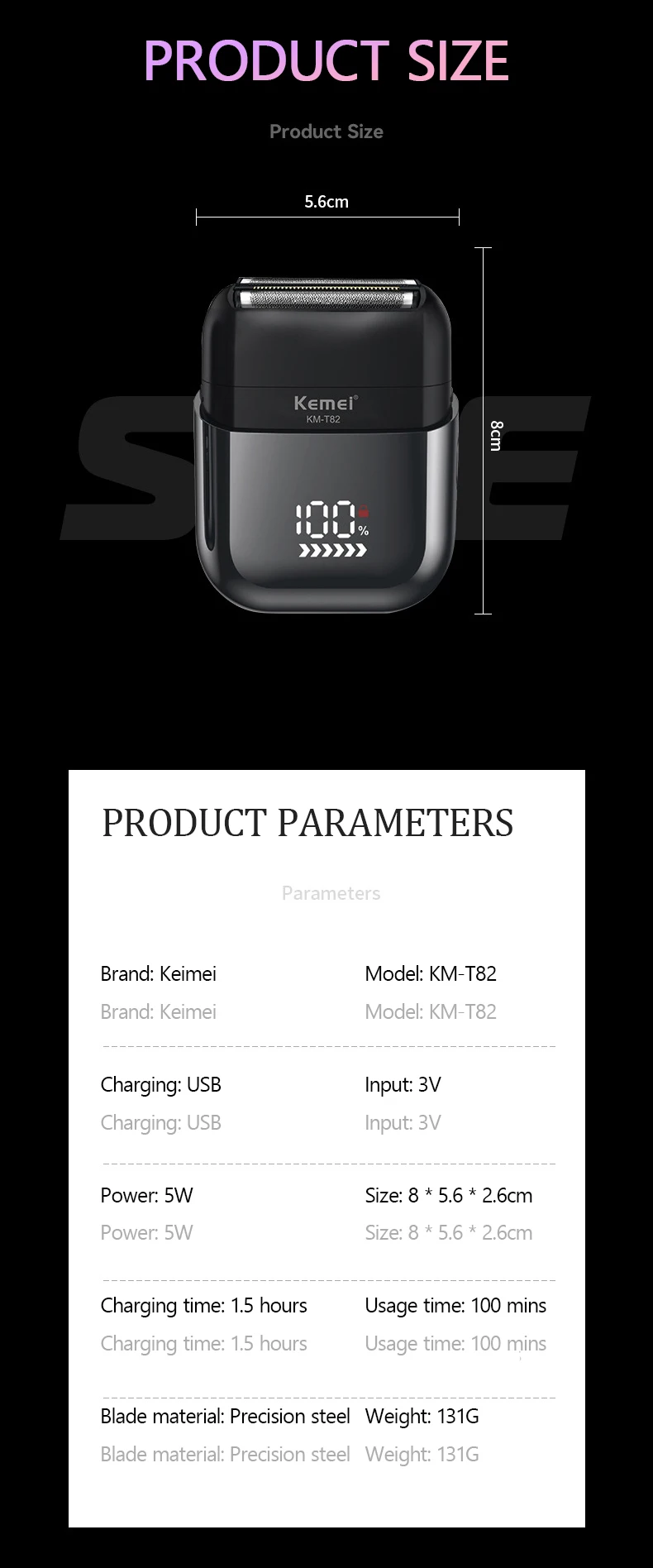 Kemei-T82 Wasserdichter Folienrasierer Elektrorasierer für Herren Gesicht Kompakte Reiserasierer Close Shave Trimmer USB wiederaufladbare Geschenke – Detail 9