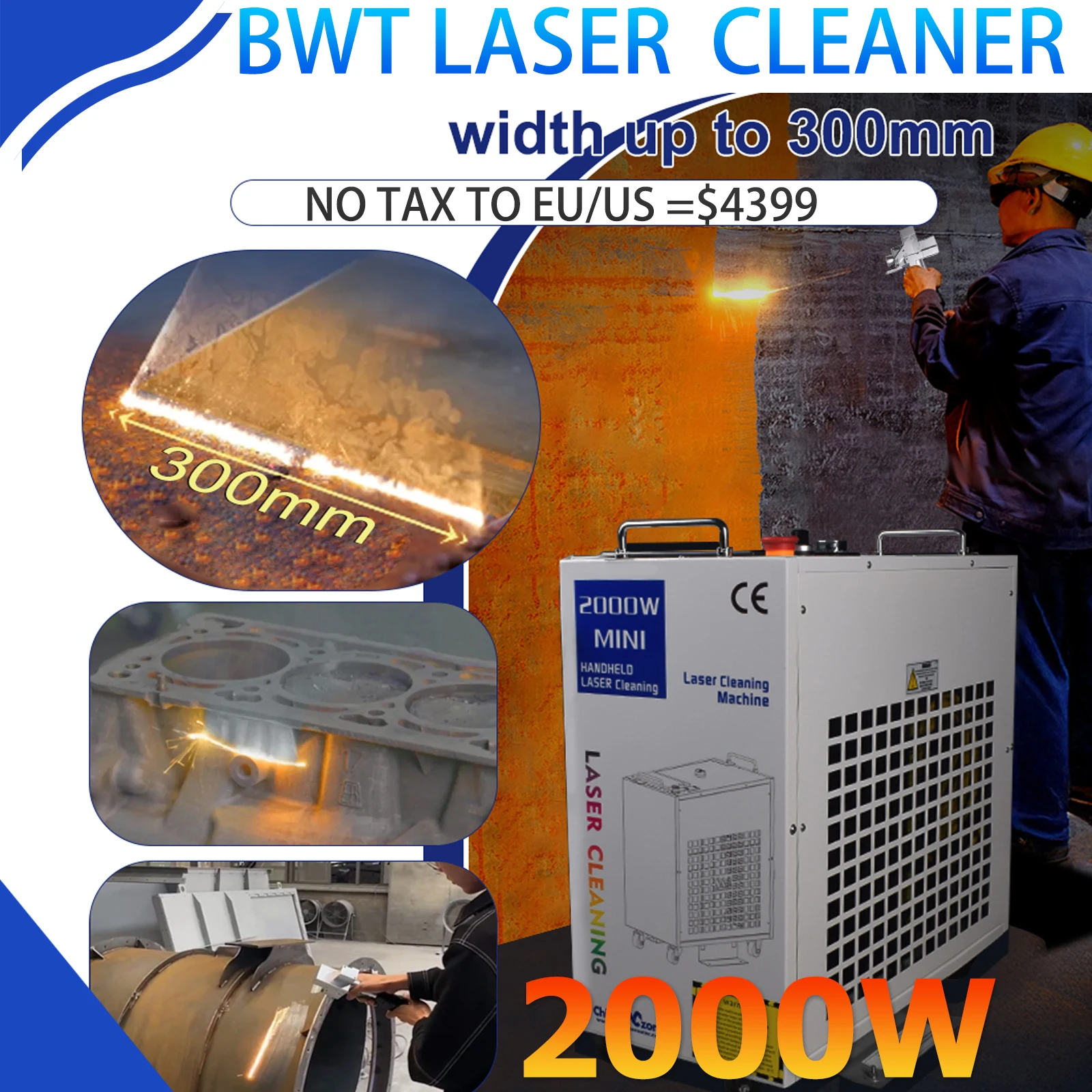 2000W Cleaning Machine Fiber Laser Industrial Rust Removal Cleaning Oil Paint for Metal Cleaning Width 300MM EU STOCK US STOCK