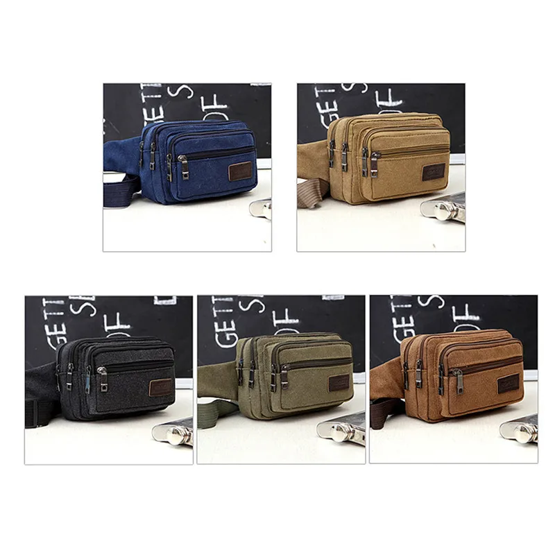 New 4-Zipper Pocket Men Waist Bag Canvas Durable Functional Hiking Pack Belt Travel Bags Outdoor Sports Climbing Camping Pockets