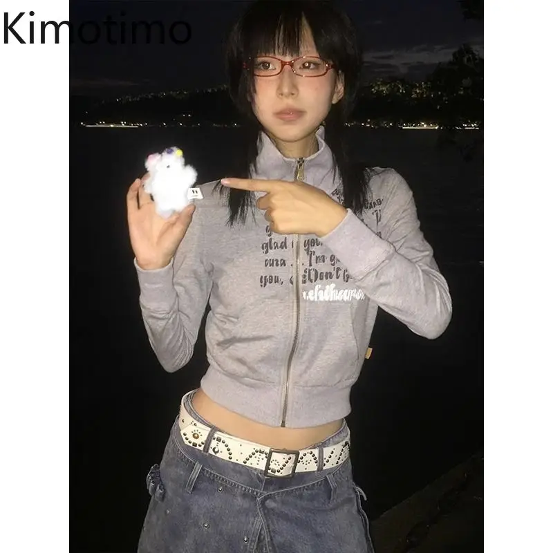 

Kimotimo, серый свитшот с буквенным принтом в американском стиле ретро, женский весенний новый облегающий укороченный топ с полувысоким воротником Y2k, уличная одежда в стиле гранж