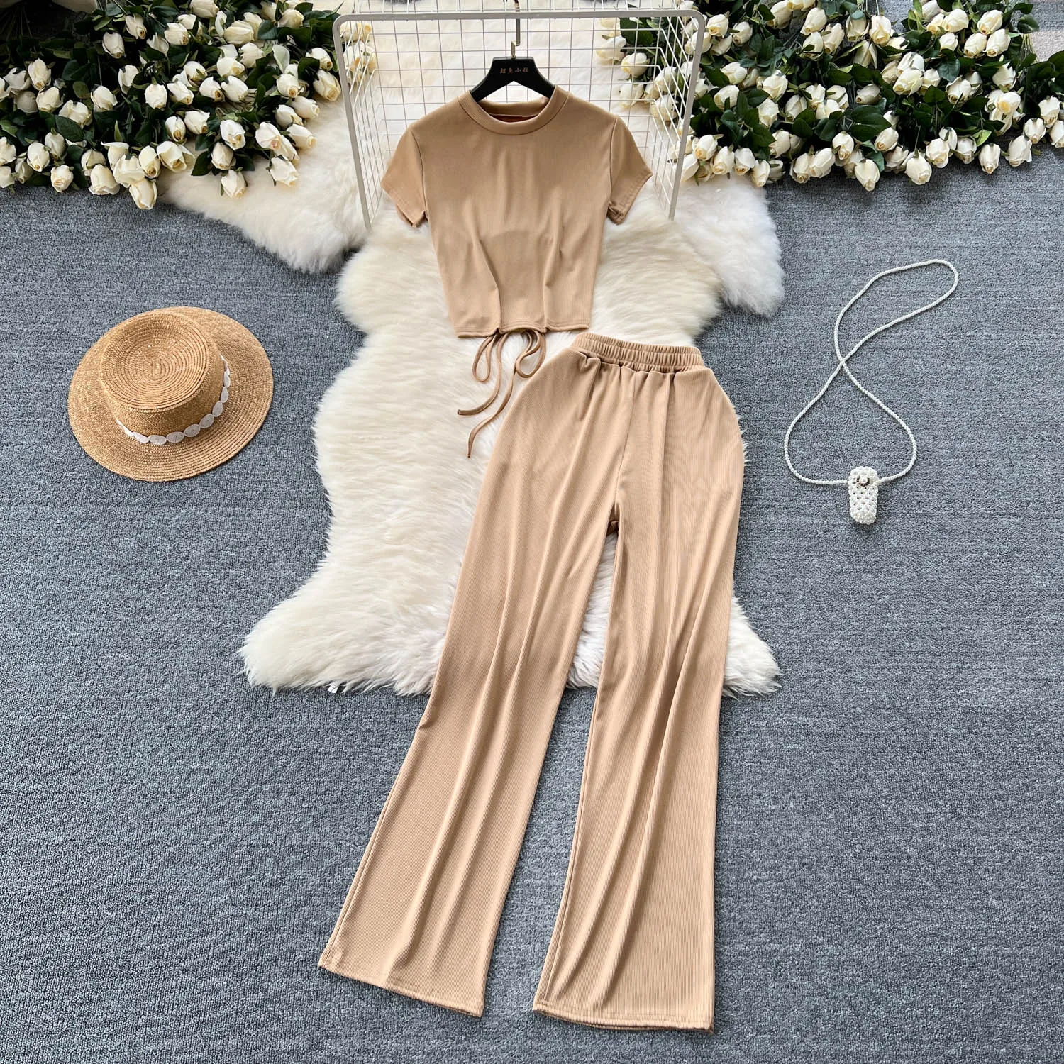 

Summer Two Piecce Wide Leg Pants Set Women's Backless High Waist Short Sleeved T-shirt Top With Long Pants Autumn Two Piece Suit