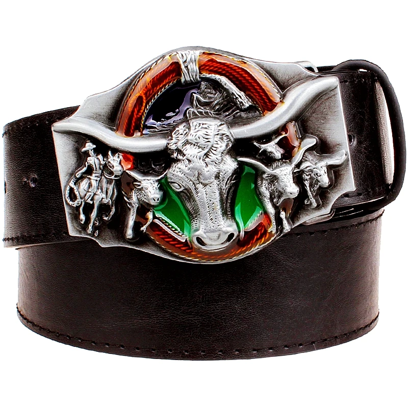 Mode Herren Gürtel Kuh Kopf Bull OX Horn Leder Gürtel Western Cowboy Wild West Stil Punk Rock Hip-hop bund