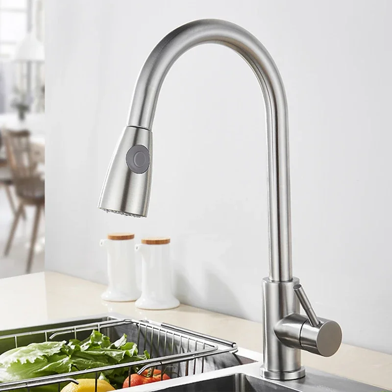 

Black/Chrome Brass Kitchen Faucet with 360-Degree Rotation Pull out Design Button Switch for Cold And Hot Water Sink Mixer Tap