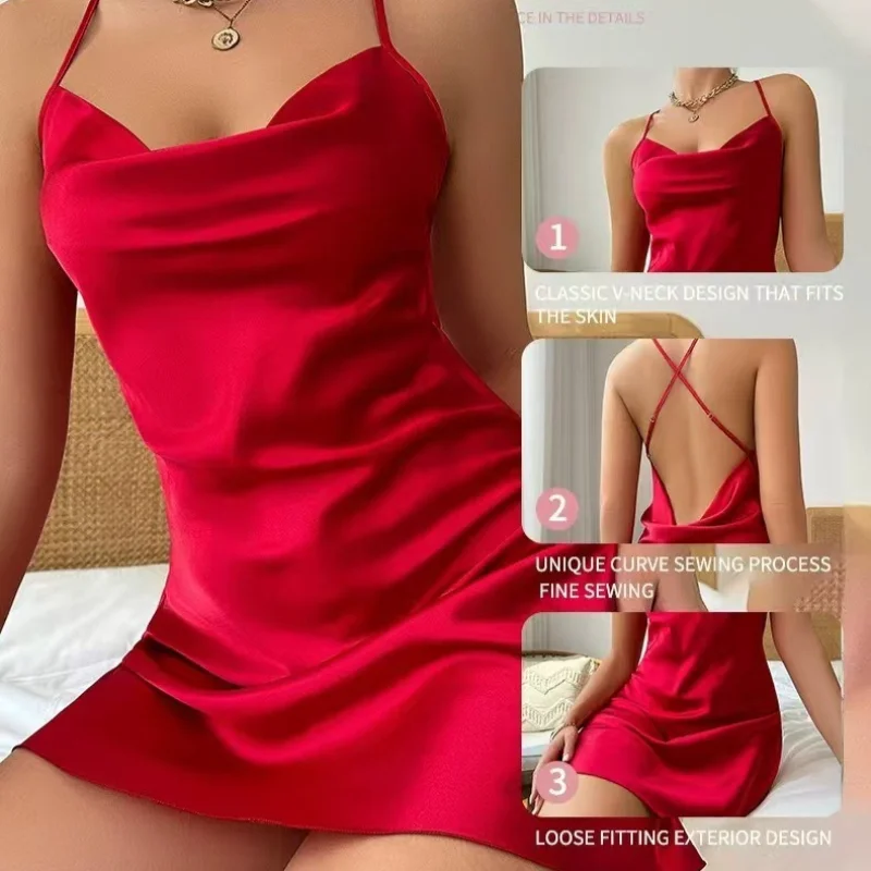 Solid Satin Split Slip Nightdress Elegant V Neck Backless Spaghetti Strap Sleep Dress Women's Sleepwear Dresses