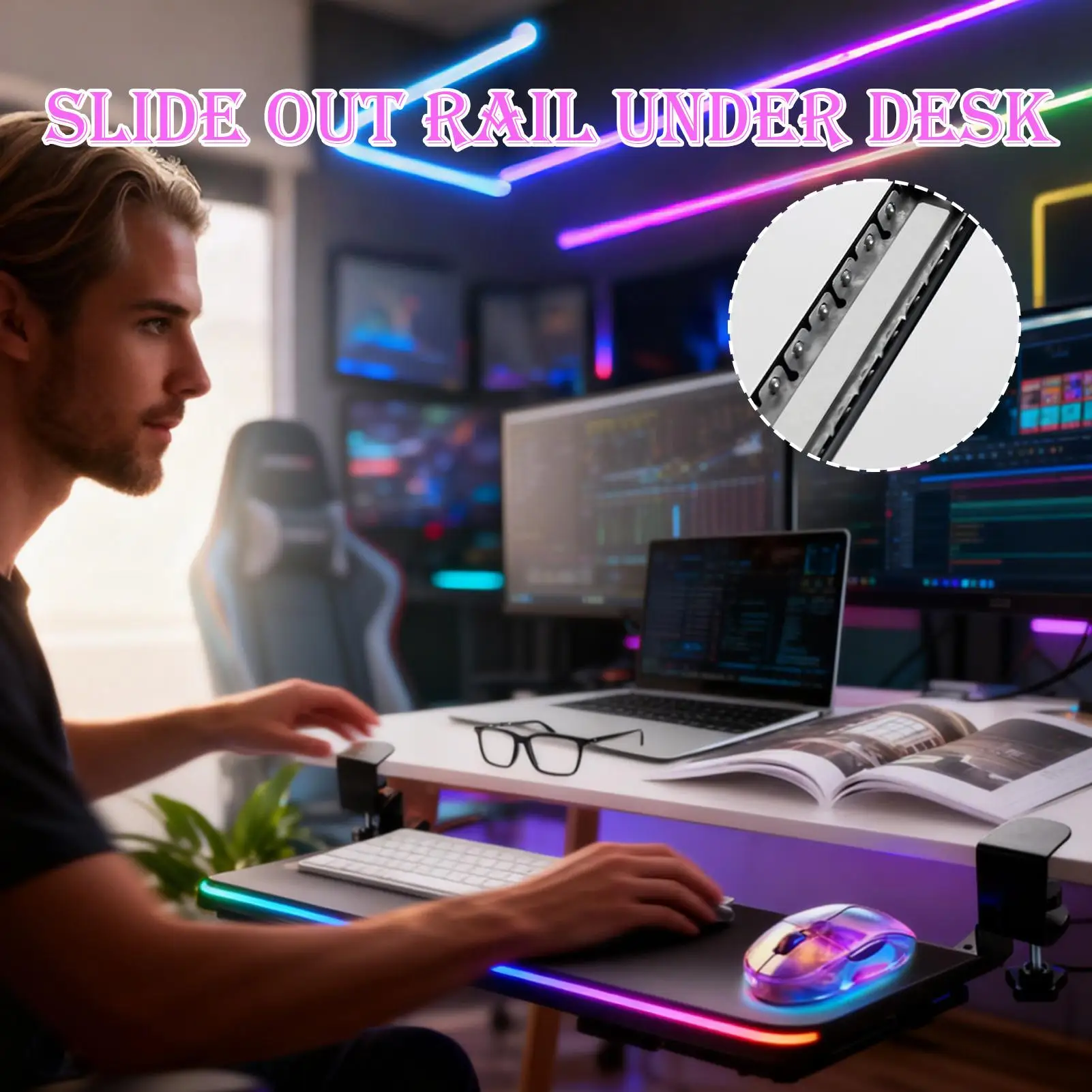 Keyboard Slide Rails Rotatable Keyboard Tray Rail Phone Mount Slider For Office Table Home Dorm Study Room PC Laptop