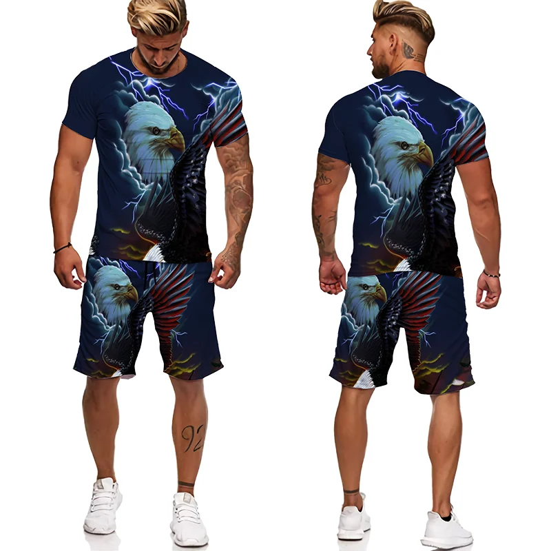 Neue 3D-Druck amerikanische Eule Muster Kurzarm T-Shirt Shorts Männer Kleidung Sommer Trainings anzug lässige Männer setzt kurze Outfits