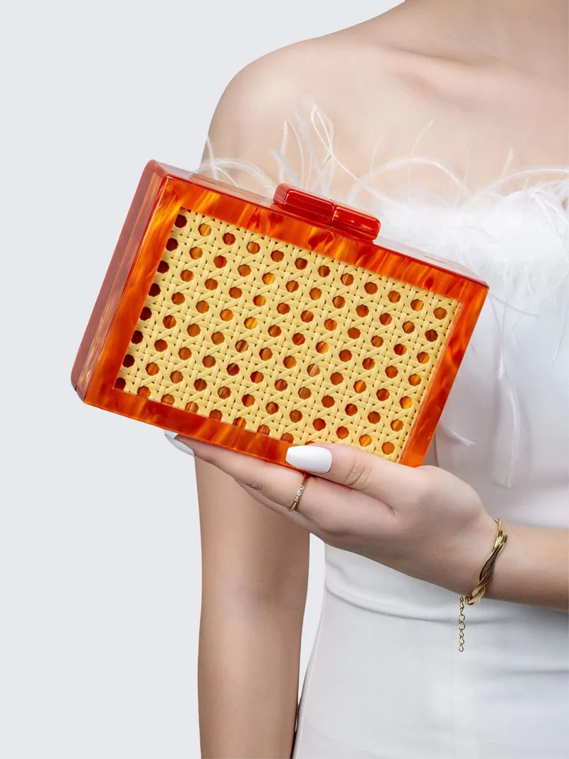2025 Woman Leopard Fashion Rattan Handmade Woven Acrylic Box Clutches Evening Bag Female Party Handbag Wedding Bridal Purse