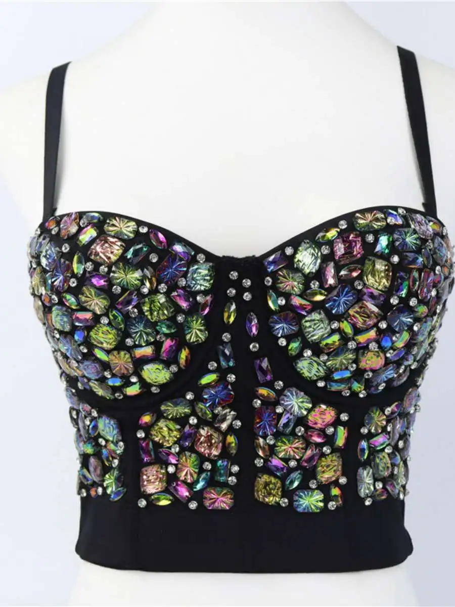 

Sexy Bead Embellied Brtte Tank Top Women's Faion Par Wear Diamond Studded Crop Top Outerwear Polyester Material